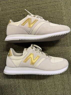 Women’s New Balance 420 Beige Sneakers with Gold Accent